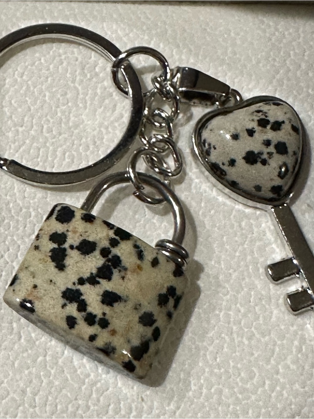 Dalmatian Jasper Heart & Lock Keychain - Black & Cream Gem Stone